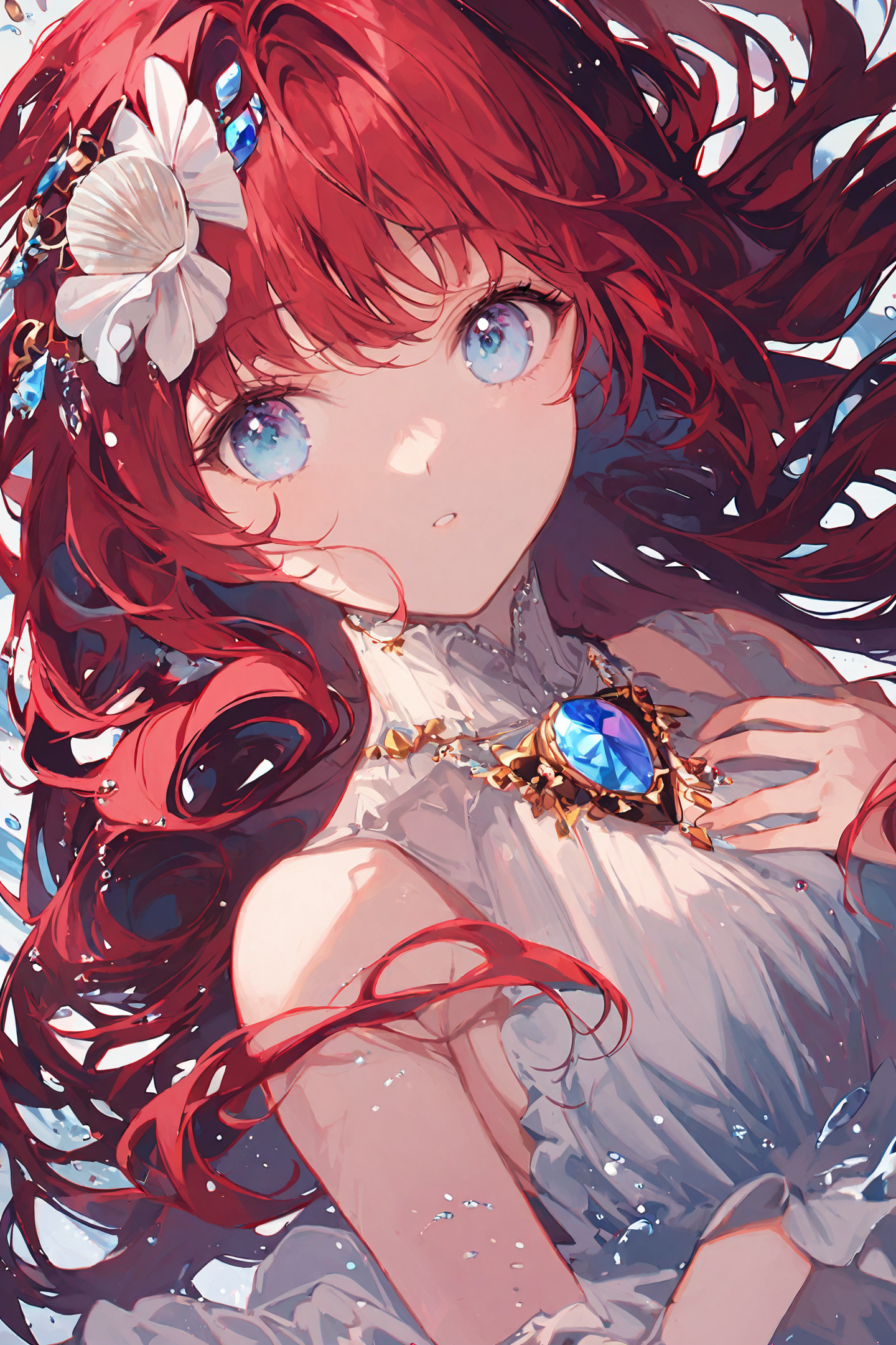 34323-3650406447-1girl,solo,red hair,long hair,blue eyes,looking at viewer,gem,jewelry,upper body,floating hair,bangs,water,shell,hair ornament,d.png